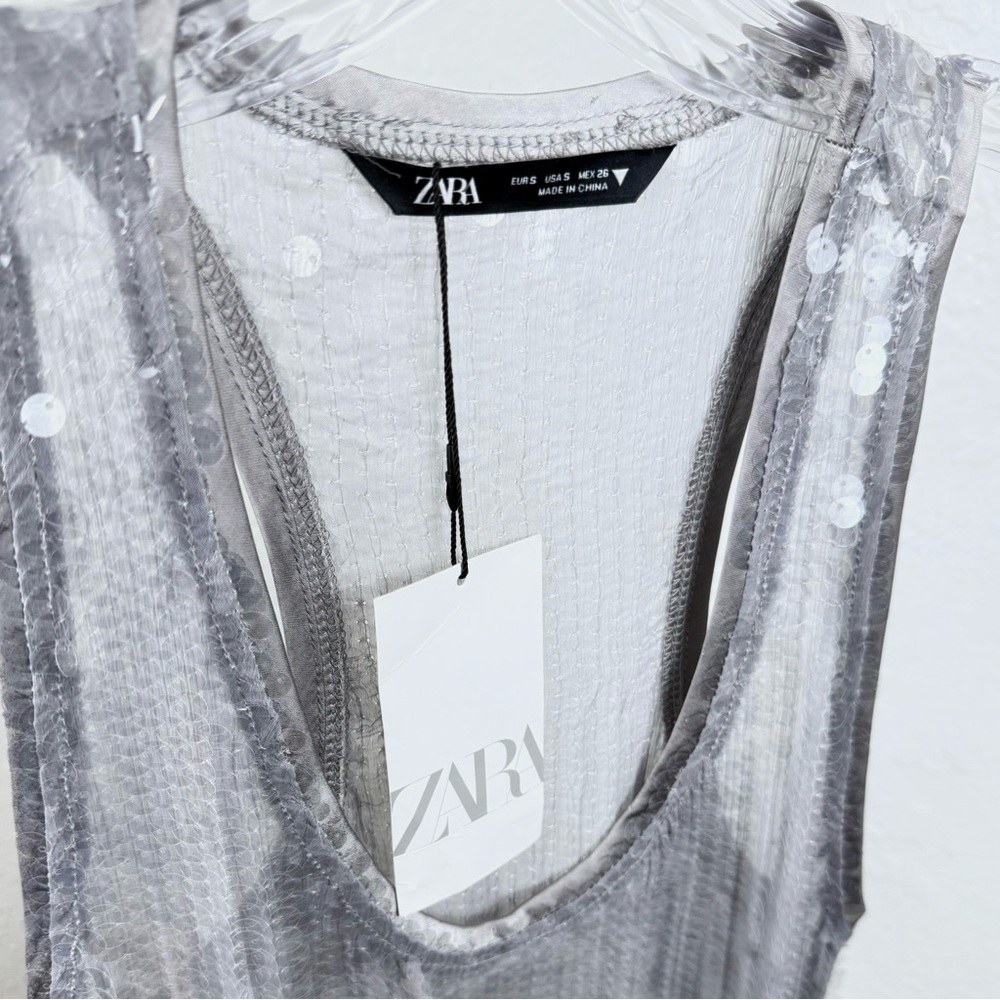 Zara‎ NWT Gray Sequin Sheer Tank Dress Side Slits Sz Small Festive Glam